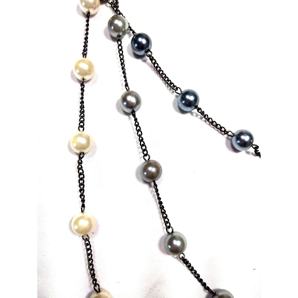 Faux Pearl 3 Strand Necklace Gray White Gunmetal Chain Layering Whimsygoth Boho